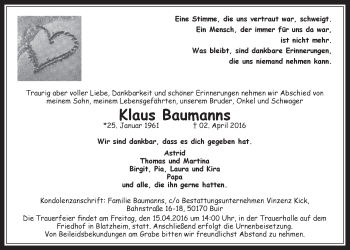 Anzeige von Klaus Baumanns von  Werbepost 