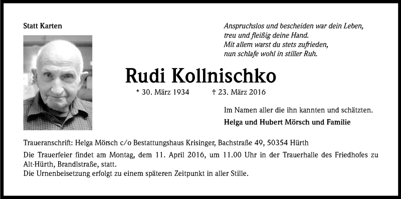  Traueranzeige für Rudi Kollnischko vom 09.04.2016 aus Kölner Stadt-Anzeiger / Kölnische Rundschau / Express
