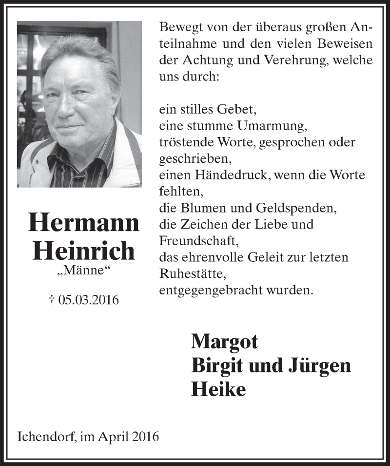  Traueranzeige für Hermann Heinrich vom 16.04.2016 aus  Sonntags-Post 