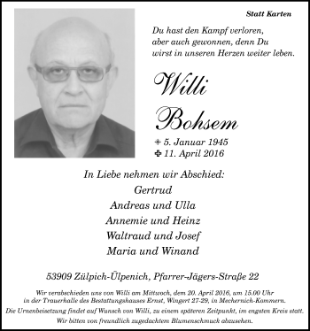 Anzeige von Willi Bohsem von  Blickpunkt Euskirchen 