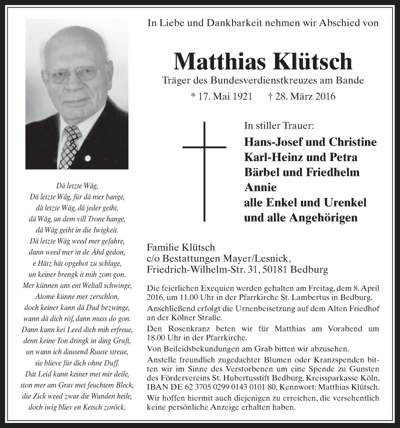  Traueranzeige für Matthias Klütsch vom 06.04.2016 aus  Werbepost 