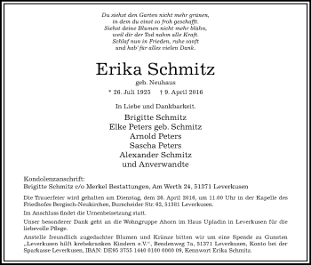 Anzeige von Erika Schmitz von Kölner Stadt-Anzeiger / Kölnische Rundschau / Express