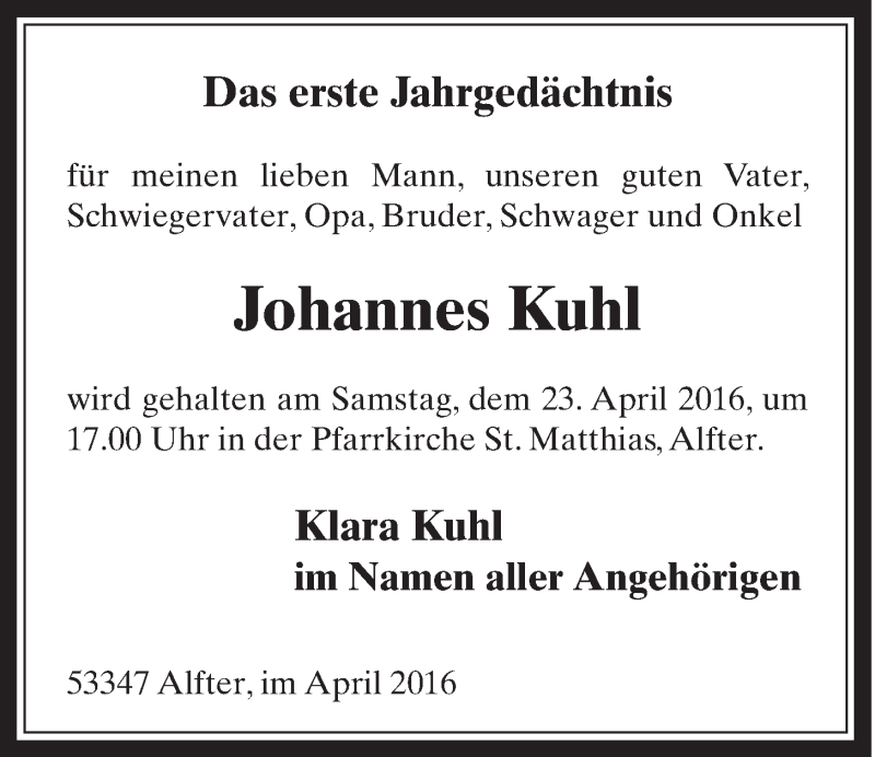 Traueranzeige für Johannes Kuhl vom 13.04.2016 aus  Schaufenster/Blickpunkt 