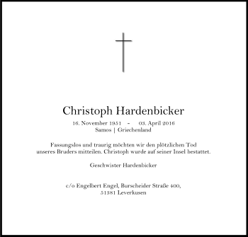 Anzeige von Christoph Hardenbicker von Kölner Stadt-Anzeiger / Kölnische Rundschau / Express