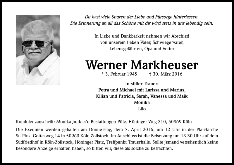  Traueranzeige für Werner Markheuser vom 02.04.2016 aus Kölner Stadt-Anzeiger / Kölnische Rundschau / Express