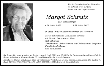 Anzeige von Margot Schmitz von Kölner Stadt-Anzeiger / Kölnische Rundschau / Express