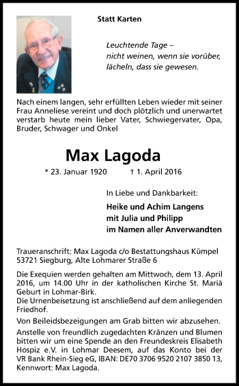 Anzeige von Max Lagoda von Kölner Stadt-Anzeiger / Kölnische Rundschau / Express