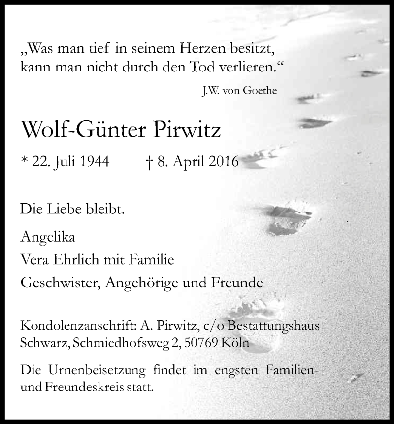  Traueranzeige für Wolf-Günter Pirwitz vom 16.04.2016 aus Kölner Stadt-Anzeiger / Kölnische Rundschau / Express