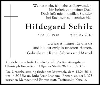 Anzeige von Hildegard Schilz von Kölner Stadt-Anzeiger / Kölnische Rundschau / Express