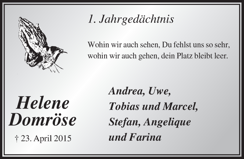  Traueranzeige für Helene Domröse vom 23.04.2016 aus  Leverkusener Wochenende 