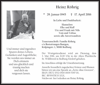 Anzeige von Heinz Röhrig von  Werbepost 