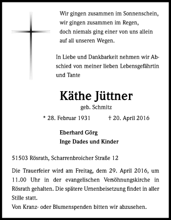 Anzeige von Käthe Jüttner von Kölner Stadt-Anzeiger / Kölnische Rundschau / Express