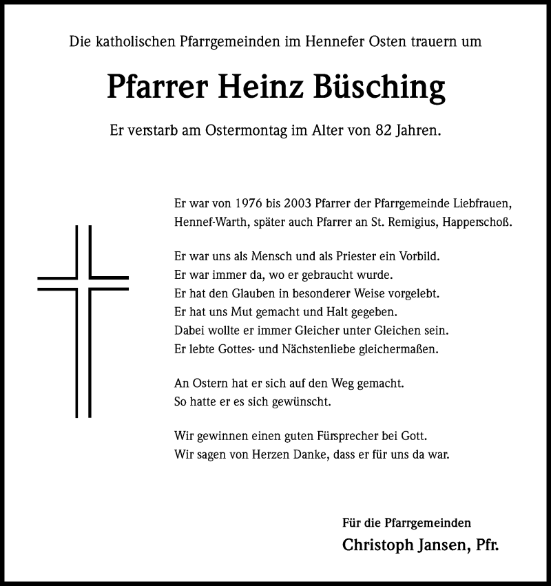  Traueranzeige für Heinz Büsching vom 11.04.2016 aus Kölner Stadt-Anzeiger / Kölnische Rundschau / Express