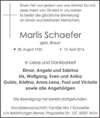 Anzeige von Marlis Schaefer von  Schlossbote/Werbekurier 