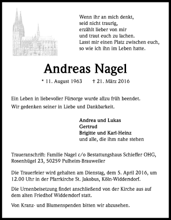 Anzeige von Andreas Nagel von Kölner Stadt-Anzeiger / Kölnische Rundschau / Express