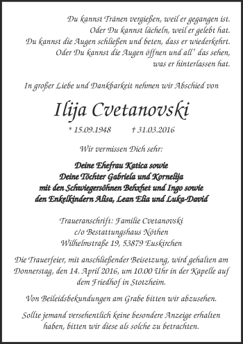 Anzeige von Ilija Cvetanovski von  Blickpunkt Euskirchen 