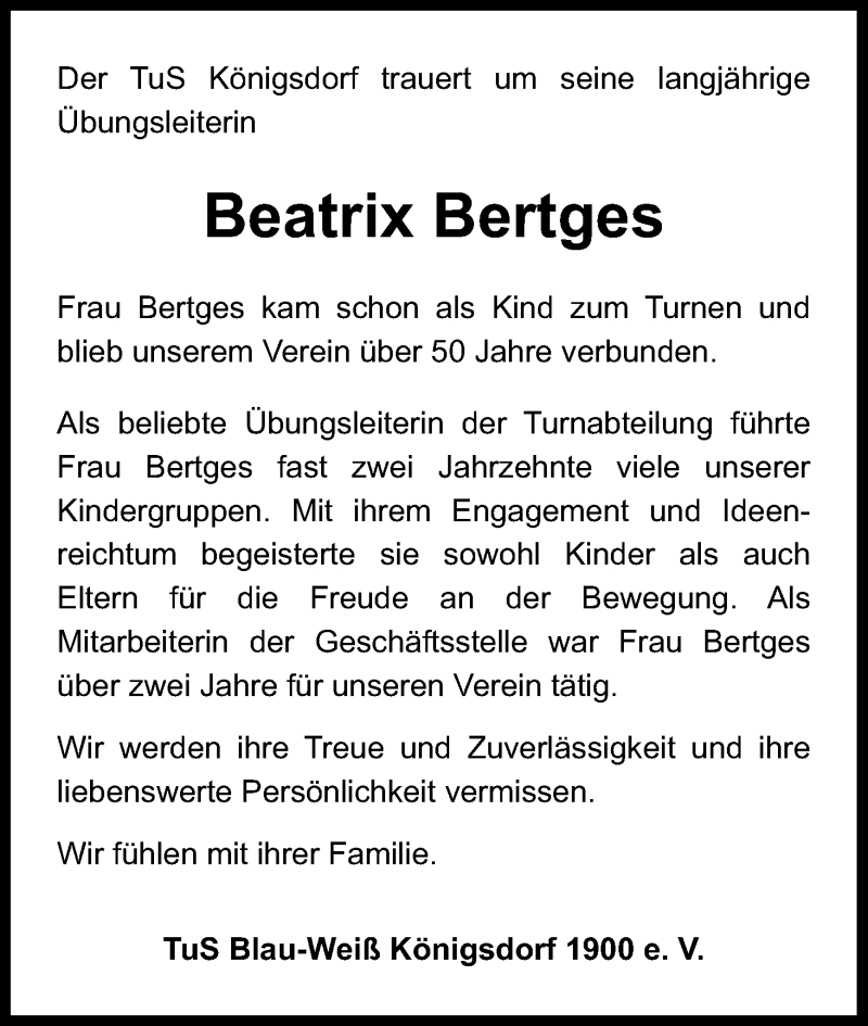  Traueranzeige für Beatrix Bertges vom 16.04.2016 aus Kölner Stadt-Anzeiger / Kölnische Rundschau / Express