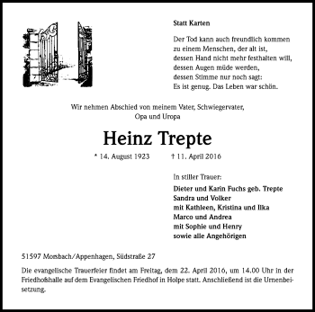 Anzeige von Heinz Trepte von Kölner Stadt-Anzeiger / Kölnische Rundschau / Express