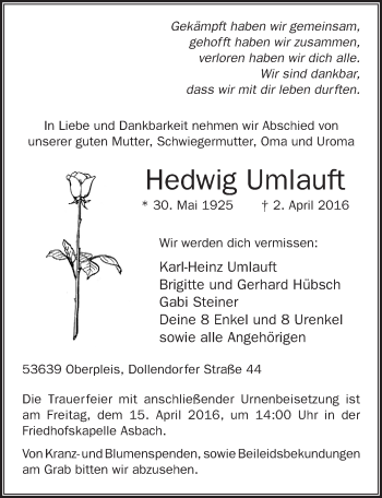 Anzeige von Hedwig Umlauft von  Rhein-Sieg-Wochenende 