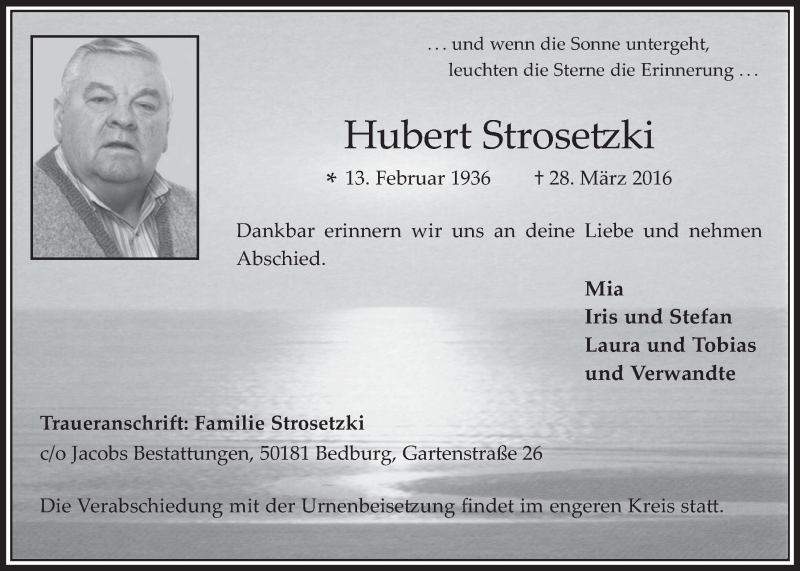  Traueranzeige für Hubert Strosetzki vom 06.04.2016 aus  Werbepost 