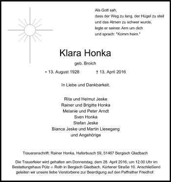 Anzeige von Klara Honka von Kölner Stadt-Anzeiger / Kölnische Rundschau / Express