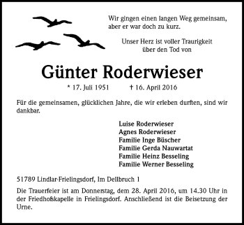 Anzeige von Günter Roderwieser von Kölner Stadt-Anzeiger / Kölnische Rundschau / Express