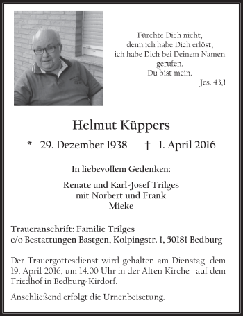 Anzeige von Helmut Küppers von  Werbepost 