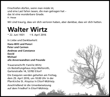 Anzeige von Walter Wirtz von Kölner Stadt-Anzeiger / Kölnische Rundschau / Express