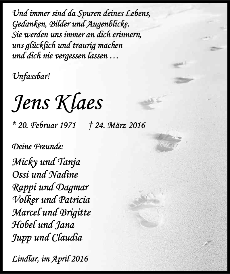  Traueranzeige für Jens Klaes vom 02.04.2016 aus Kölner Stadt-Anzeiger / Kölnische Rundschau / Express