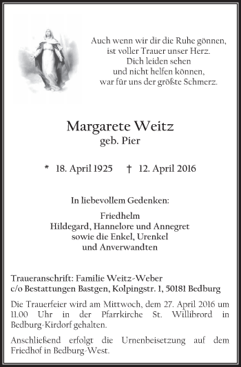 Anzeige von Margarete Weitz von  Sonntags-Post 