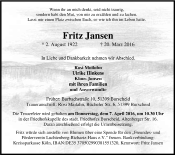 Anzeige von Fritz Jansen von Kölner Stadt-Anzeiger / Kölnische Rundschau / Express