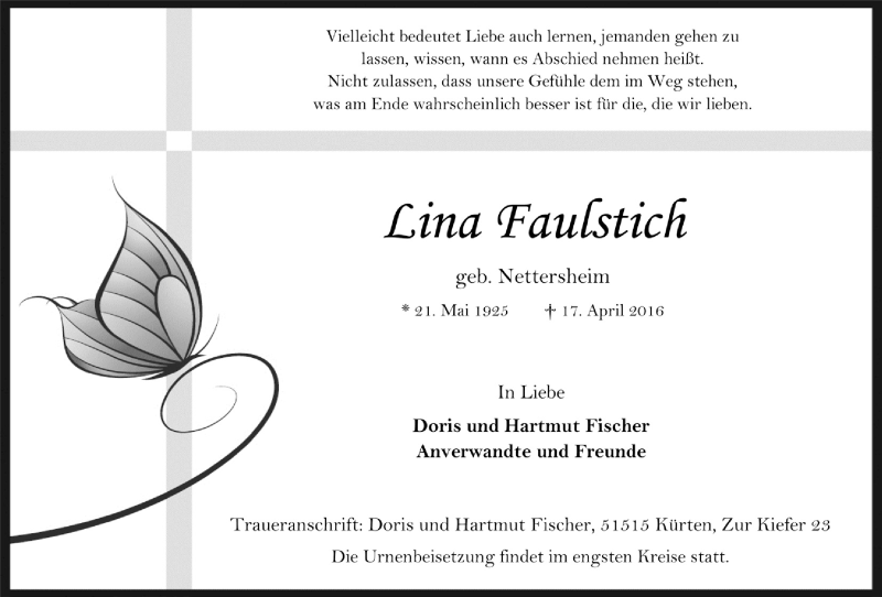 Traueranzeige für Lina Faulstich vom 23.04.2016 aus  Bergisches Sonntagsblatt 