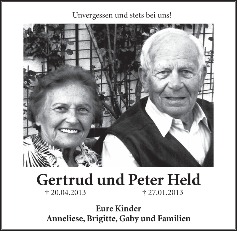  Traueranzeige für Gertrud Held vom 20.04.2016 aus  Schlossbote/Werbekurier 