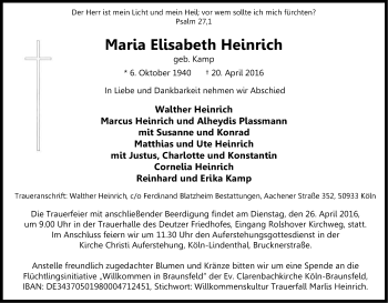 Anzeige von Maria Elisabeth Heinrich von Kölner Stadt-Anzeiger / Kölnische Rundschau / Express