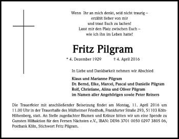 Anzeige von Fritz Pilgram von Kölner Stadt-Anzeiger / Kölnische Rundschau / Express