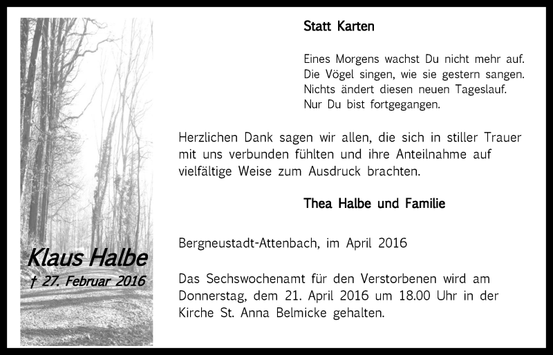  Traueranzeige für Klaus Halbe vom 20.04.2016 aus  Anzeigen Echo 