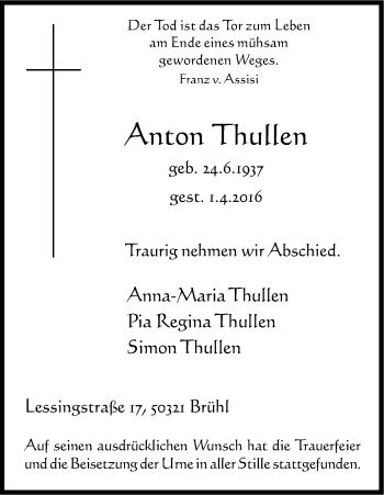 Anzeige von Anton Thullen von Kölner Stadt-Anzeiger / Kölnische Rundschau / Express