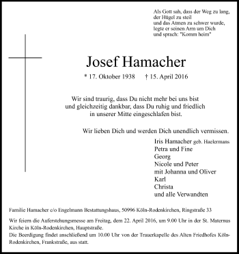 Anzeige von Josef Hamacher von Kölner Stadt-Anzeiger / Kölnische Rundschau / Express