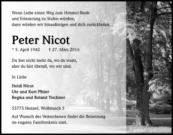 Anzeige von Peter Nicot von Kölner Stadt-Anzeiger / Kölnische Rundschau / Express