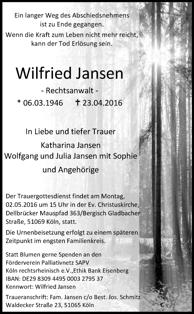  Traueranzeige für Wilfried Jansen vom 27.04.2016 aus Kölner Stadt-Anzeiger / Kölnische Rundschau / Express