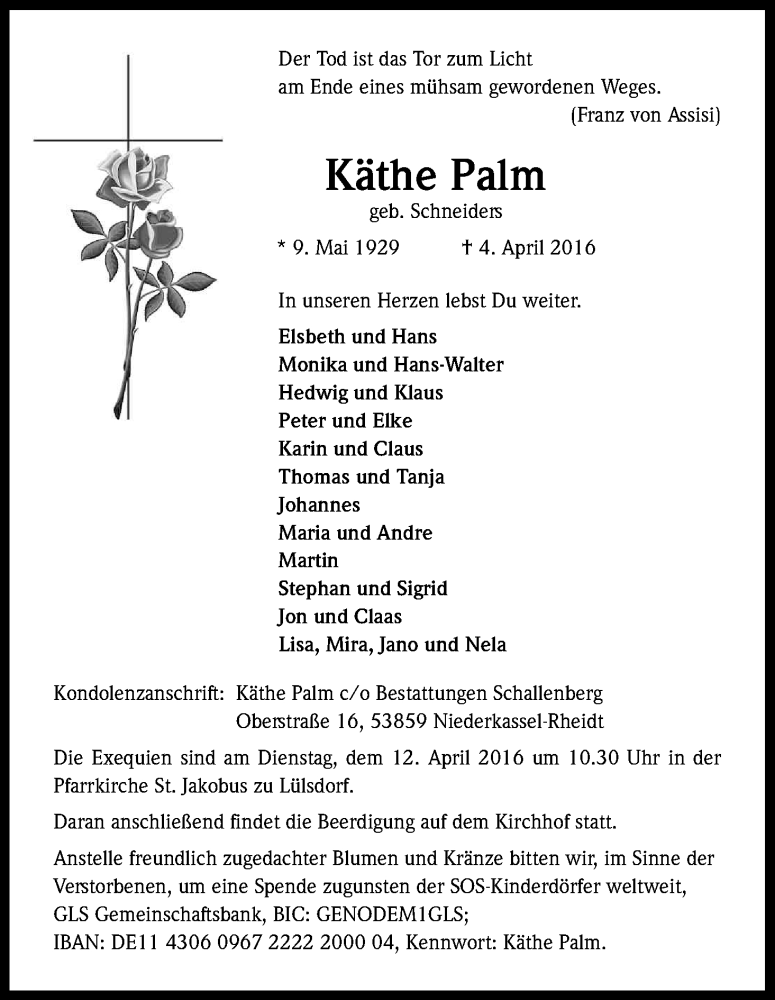  Traueranzeige für Käthe Palm vom 07.04.2016 aus Kölner Stadt-Anzeiger / Kölnische Rundschau / Express