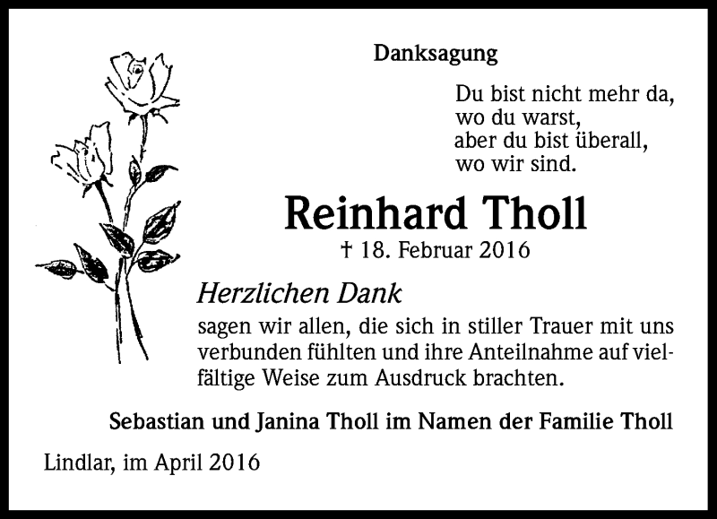  Traueranzeige für Reinhard Tholl vom 02.04.2016 aus Kölner Stadt-Anzeiger / Kölnische Rundschau / Express