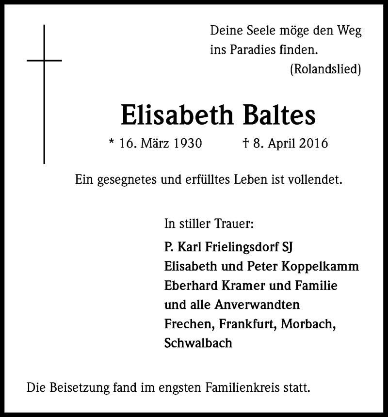  Traueranzeige für Elisabeth Baltes vom 23.04.2016 aus Kölner Stadt-Anzeiger / Kölnische Rundschau / Express
