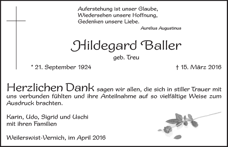  Traueranzeige für Hildegard Baller vom 23.04.2016 aus  Blickpunkt Euskirchen 