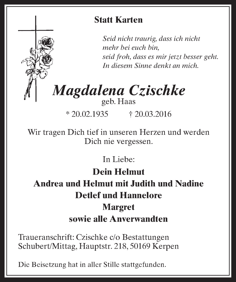  Traueranzeige für Magdalena Czischke vom 06.04.2016 aus  Werbepost 