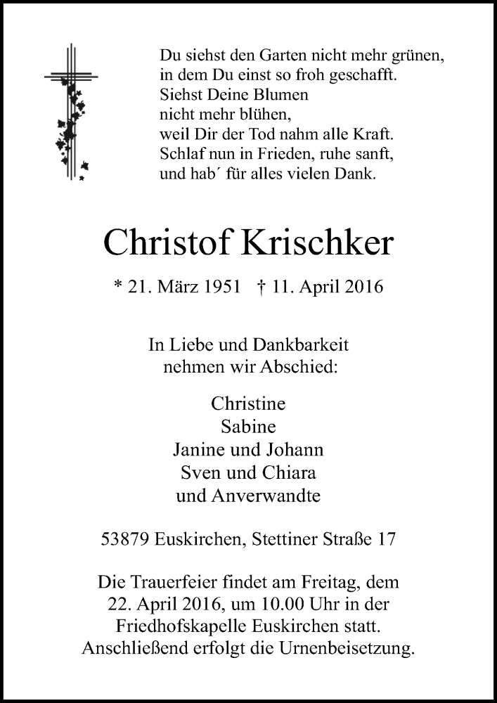  Traueranzeige für Christof Krischker vom 16.04.2016 aus  Blickpunkt Euskirchen 
