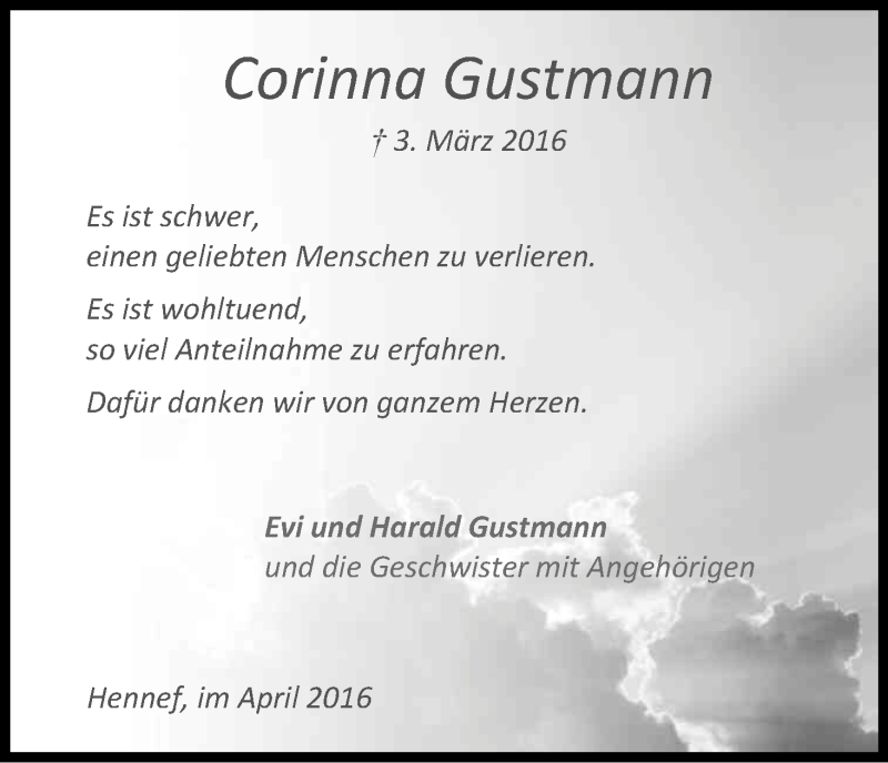 Traueranzeige für Corinna Gustmann vom 06.04.2016 aus Kölner Stadt-Anzeiger / Kölnische Rundschau / Express