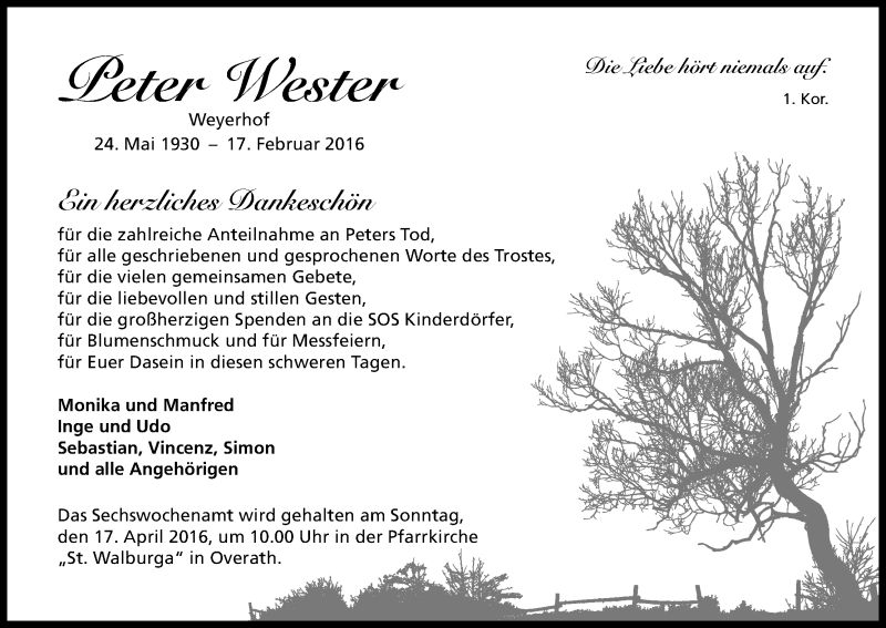  Traueranzeige für Peter Wester vom 09.04.2016 aus Kölner Stadt-Anzeiger / Kölnische Rundschau / Express