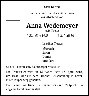 Anzeige von Anna Wedemeyer von Kölner Stadt-Anzeiger / Kölnische Rundschau / Express