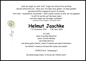 Anzeige von Helmut Jaschke von Kölner Stadt-Anzeiger / Kölnische Rundschau / Express
